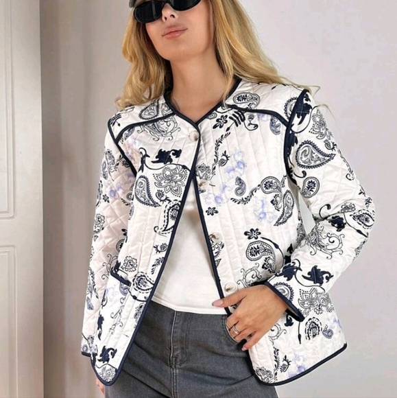 Contrast Color Print Quilted Round Neck Long Sleeve Jacket, Autum - Picture 5 of 5